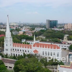 PD0846 - Aerial Pan of Santhome Cathedral on Chennai's Coastline