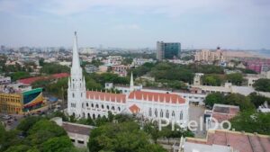 PD0845 - Cinematic Aerial Orbit of Santhome Cathedral Basilica in Chennai