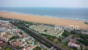 PD0844 - Cinematic Aerial Orbit of Santhome Cathedral and Marina Beach