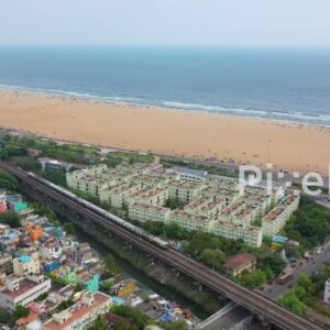 PD0844 - Cinematic Aerial Orbit of Santhome Cathedral and Marina Beach