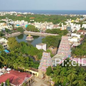 PD0885 - Cinematic Aerial Orbit of a Coastal Temple Complex in Chennai