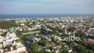 PD0882 - Aerial Orbit of Arulmigu Marundeeswarar Temple and Chennai Coastline