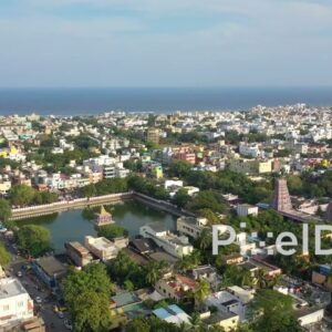 PD0882 - Aerial Orbit of Arulmigu Marundeeswarar Temple and Chennai Coastline