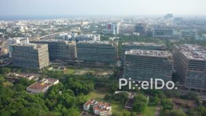 PD0876 - Aerial Orbit of TIDEL Park and Chennai Cityscape