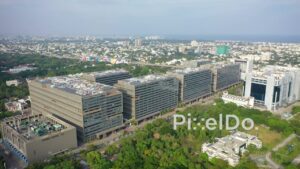 PD0875 - Aerial Pan of TIDEL Park with Chennai's Coastal Skyline