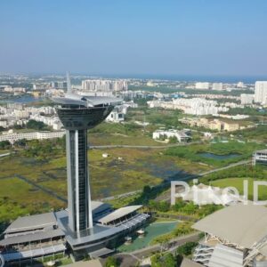 PD0959 - Aerial Drone Orbits a Futuristic Tower and Modern Corporate Park