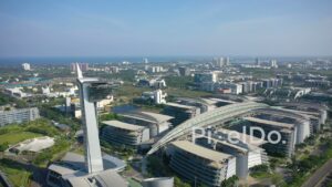PD0957 - Aerial Drone Approaches Iconic Tower of Modern IT Park