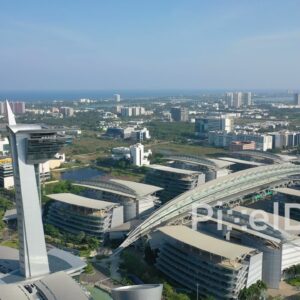 PD0957 - Aerial Drone Approaches Iconic Tower of Modern IT Park