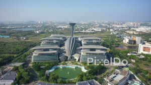 PD0953 - Orbiting Drone View of a Modern and Futuristic Corporate Campus