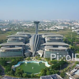 PD0953 - Orbiting Drone View of a Modern and Futuristic Corporate Campus