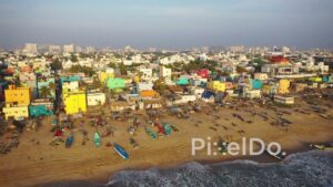 PD0934 - Drone Flies Over Colorful Fishing Village on Chennai's Coast