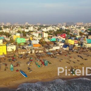PD0934 - Drone Flies Over Colorful Fishing Village on Chennai's Coast
