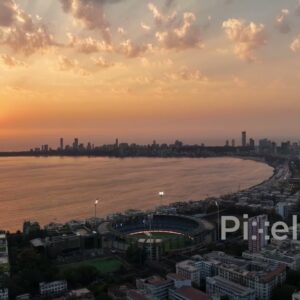 PD0796 - Dramatic Sunset Aerial Over Mumbai's Marine Drive