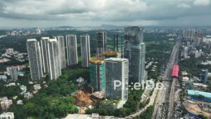 PD1083 - Aerial Drone View of Oberoi Realty Towers, Westin Mumbai, and Western Express Highway