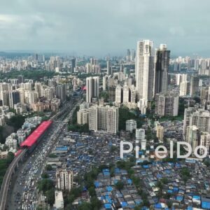 PD1081 - Aerial Drone View of Mumbai Cityscape with Western Express Highway and Dindoshi Metro