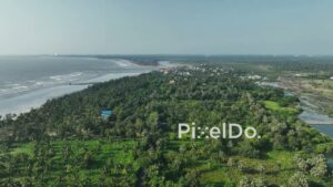 PD1075 - Aerial Drone Rise Over Tropical Coastal Village and Palm Tree Forest