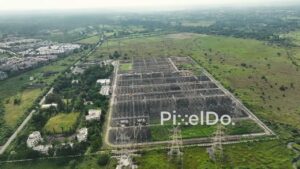 PD1074 - Aerial Drone Pan Over Large Electrical Power Substation