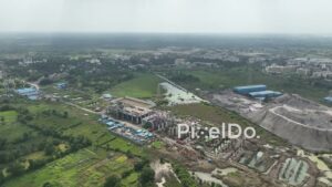 PD1070 - Aerial Drone Pan of Bullet Train Station Construction Site