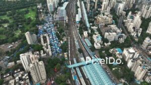 PD1120 - Aerial Drone Flight Over Mumbai Central Station and Cityscape