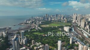 PD1147 - Aerial Drone Pan of Mumbai's Skyline, Racecourse, and Coastal Road