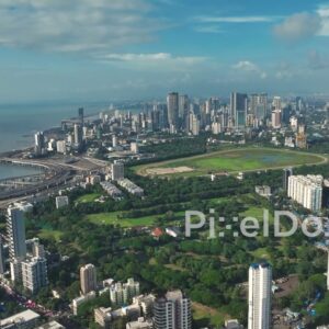 PD1147 - Aerial Drone Pan of Mumbai's Skyline, Racecourse, and Coastal Road
