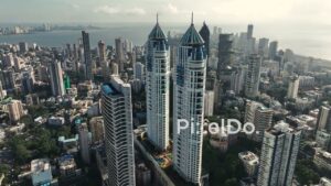 PD1139 - Aerial Drone Pullback of The Imperial Towers and South Mumbai Skyline