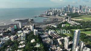 PD1138 - Aerial Drone Pan of South Mumbai Skyline, Racecourse, and Coastal Road