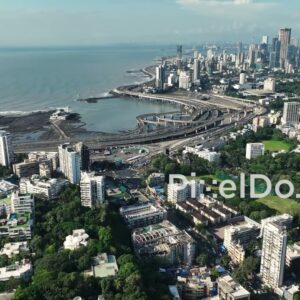 PD1138 - Aerial Drone Pan of South Mumbai Skyline, Racecourse, and Coastal Road