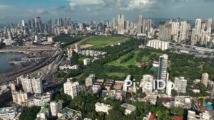 PD1137 - Aerial Drone Pan of South Mumbai Skyline, Racecourse, and Coastal Road