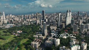 PD1135 - Aerial Drone Pan Over South Mumbai Skyline and Willingdon Sports Club