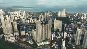 PD1126 - Aerial Drone Pan of South Mumbai Towers and Skyline with Atal Setu Bridge