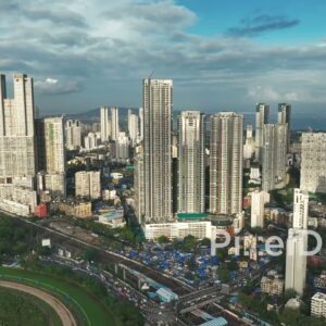PD1124 - Aerial Drone Flight Over Mumbai's Dense Skyline, Racecourse, and Railway
