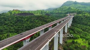 PD1177 - Aerial Drone Pan of Samruddhi Mahamarg Viaduct near Igatpuri
