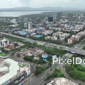 PD1174 - Aerial Drone Flight Over Vashi Cityscape, Railway, and Highway