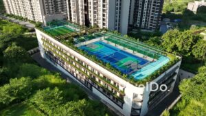 PD1015 - Aerial Orbit of Rooftop Sports Courts on Clubhouse Podium