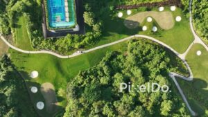 PD1013 - Top-Down Aerial View of Luxury Golf Course and Rooftop Sports Courts