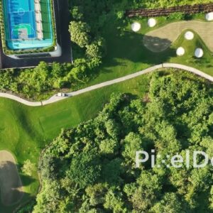PD1013 - Top-Down Aerial View of Luxury Golf Course and Rooftop Sports Courts