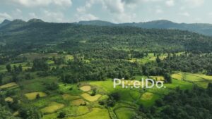 PD1039 - Aerial Drone Pan Over Scenic Valley with Forests and Fields