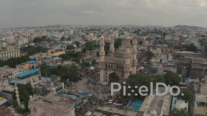 PD1261 - Aerial View of Charminar Monument and Bustling City Market