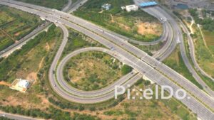 PD1319 - Aerial View of Highway Cloverleaf Interchange and Traffic Flow