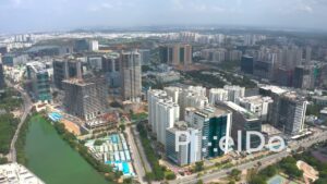 PD1308 - Aerial View of Modern City Skyline with Lake and Construction