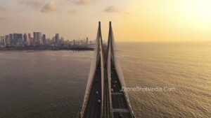 PD1228 - Aerial Front View of Bandra Worli Sea Link Pylon and Skyline at Sunset