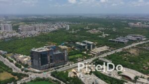 PD1359 - Wide Aerial Panorama of Gachibowli Financial District and Biodiversity Park