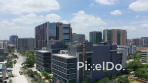 PD1357 - Aerial View of Amazon Global Campus and Corporate Offices Under Blue Sky