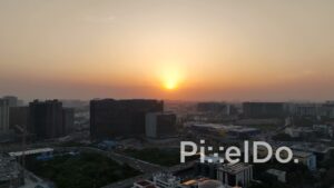 PD1410 - Aerial View of Urban Cityscape with IKEA Store at Golden Sunset