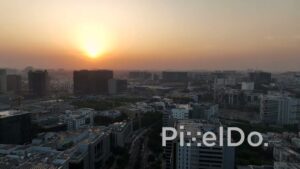 PD1409 - Aerial View of Modern City Skyline at Golden Sunset