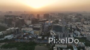 PD1406 - Aerial View of Modern IT Business District and Skyline at Sunset