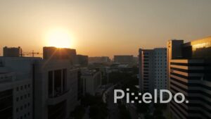 PD1400 - Aerial View of Corporate Skyline at Golden Hour Sunset
