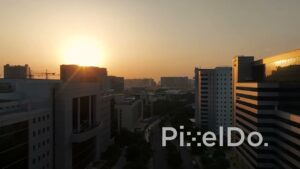 PD1399 - Aerial View of Modern Corporate Skyline at Golden Sunset