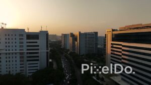 PD1397 - Aerial View of Corporate Business District Avenue at Sunset